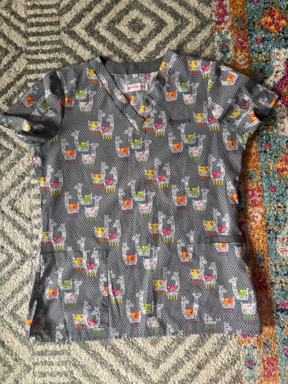 White Cross Lacey Llama scrub top